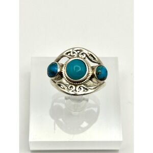 Turquoise Triple Stone Sterling Silver Ring‎ Size 8